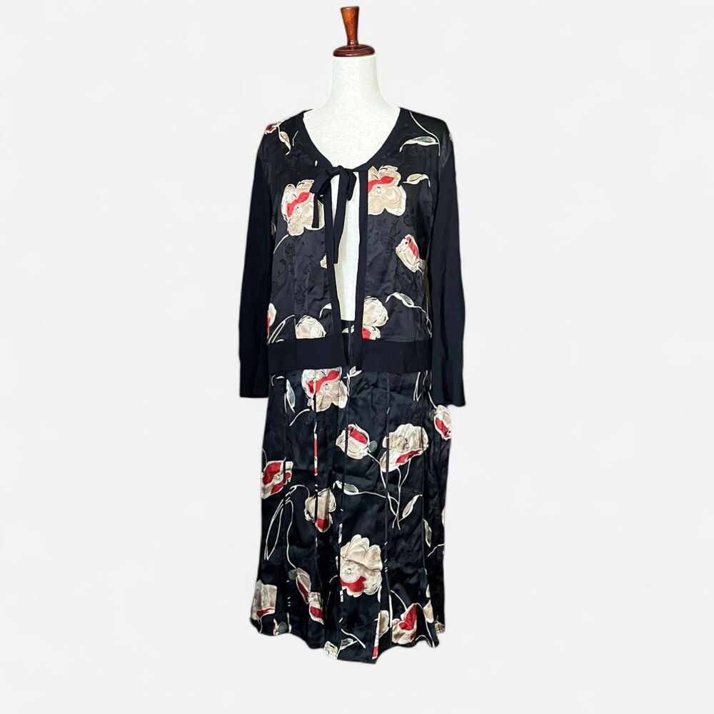 Y2K Silk Red Cream Black Floral Two Piece Set Cardigan Midi Skirt